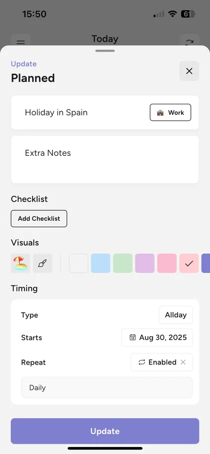 Daily planner screen showing a routine with icons and a calendar